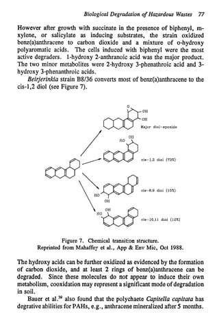 Biological Degradation o
f Hazardous Wastes 77
However after growth with succinate in the presence of biphenyl, m-
xylene, or salicylate as inducing substrates, the strain oxidized
benz(a)anthracene to carbon dioxide and a mixture of o-hydroxy
polyaromatic acids. The cells induced with biphenyl were the most
active degraders. 1-hydroxy 2-anthranoic acid was the major product.
The two minor metabolites were 2-hydroxy 3-phenathroic acid and 3-
hydroxy 3-phenanthroic acids.
Beirjerinkiu strain B8/36 converts most of benz(a)anthraceneto the
cis-1,2 diol (see Figure 7).
Major diol-epoxide
cis-1.2 diol (73%)
OH
''@
cis-10.11 diol (12%)
Figure 7. Chemical transition structure.
Reprinted from Mahaffey et al., App & Env Mic, Oct 1988.
The hydroxy acids can be further oxidized as evidenced by the formation
of carbon dioxide, and at least 2 rings of benz(a)anthracene can be
degraded. Since these molecules do not appear to induce their own
metabolism, cooxidationmay represent a significantmode of degradation
in soil.
Bauer et aL3' also found that the polychaete Capitella cupituta has
degrativeabilitiesfor PAHs, e.g., anthracenemineralizedafter5 months.
 