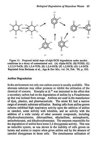 Biological Degradation of Hazardous Wastes 85
CI
I
Figure 11. Proposed initial steps of alph-HCH degradation under aerobic
conditions i
n a slurry of contaminated soil. (A) Alpha-HCH; (B) PCHH; (C)
1,2,3,5-TeCB; (D) 1,2,4-TCB; (E) 1,2,4-DCB; (F) 1,2-DCB; (G) 1,4-DCB.
Reprinted f
r
o
m Bachman et al., App & Env Mic, vol. 54, Feb. '88, p. 553.
Aniline Degradation
In the environmentnot only one carbon source is usually available. This
alternate substrate may either promote or inhibit the utilization of the
chemical of concern. Konopka et al.53 was interested in the effect that
a secondary carbon had on the degradation of aniline by a Pseudomonas
sp that was isolated from sewage. Anilines are used in the manufacture
of dyes, plastics, and pharmaceuticals. The strain K1 had a narrow
range of aromatic substrateutilization. Resting cells from aniline grown
cultures exhibited high respiratory activity upon the addition of aniline
or catechol, some activity with toluidine, and no activity with the
addition of a wide variety of other aromatic compounds, including
dihydroxybenzylamine, chloroanilines, ethylanilines, aminophenols,
aminobenzoates, and dihydroxybenzoates. The enzymes responsible for
the degradation of anilinehave some 2,3dioxygenaseactivity. This was
an inducible system, as was shown in the inability of cells grown on
lactate and acetate to respire when given aniline and by the absence of
catechol dioxygenase in those cells. The simultaneous utilization of
 