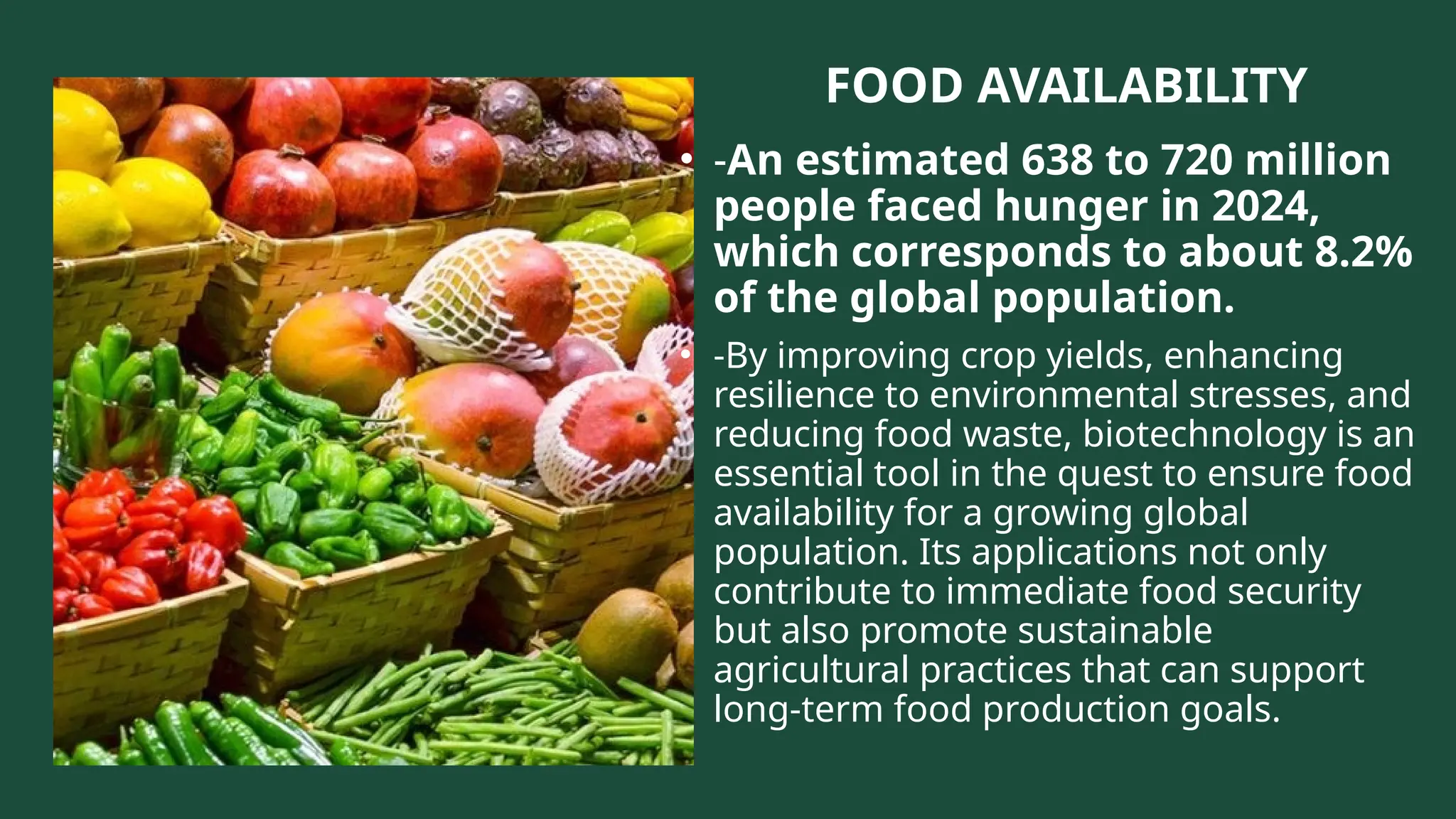 FOOD AVAILABILITY
• -An estimated 638 to 720 million
people faced hunger in 2024,
which corresponds to about 8.2%
of the global population.
• -By improving crop yields, enhancing
resilience to environmental stresses, and
reducing food waste, biotechnology is an
essential tool in the quest to ensure food
availability for a growing global
population. Its applications not only
contribute to immediate food security
but also promote sustainable
agricultural practices that can support
long-term food production goals.
 