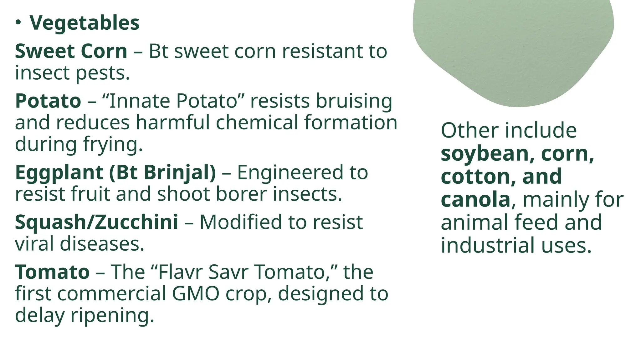 • Vegetables
Sweet Corn – Bt sweet corn resistant to
insect pests.
Potato – “Innate Potato” resists bruising
and reduces harmful chemical formation
during frying.
Eggplant (Bt Brinjal) – Engineered to
resist fruit and shoot borer insects.
Squash/Zucchini – Modified to resist
viral diseases.
Tomato – The “Flavr Savr Tomato,” the
first commercial GMO crop, designed to
delay ripening.
Other include
soybean, corn,
cotton, and
canola, mainly for
animal feed and
industrial uses.
 