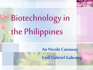 Biotechnology in
the Philippines
An Nicole Canaway
Emil Gabriel Gabrang
 