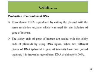 Production of recombinant DNA
 Recombinant DNA is produced by cutting the plasmid with the
same restriction enzyme which was used for the isolation of
gene of interest.
 The sticky ends of gene of interest are sealed with the sticky
ends of plasmids by using DNA ligase. When two different
pieces of DNA (plasmid + gene of interest) have been joined
together, it is known as recombinant DNA or chimaeric DNA.
Conti…...
18
 