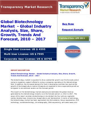 REPORT DESCRIPTION
Global Biotechnology Market - Global Industry Analysis, Size, Share, Growth,
Trends And Forecast, 2010 – 2017
The biotechnology market is expected to show substantial growth over the forecast period
owing to regulatory support offered to various companies operating in the biotechnology
field. In addition, the increased demand for food in developing countries has spurred the
growth of the bioagriculture market. Bioseeds are expected to show exponential growth as
compared to conventional seeds over the forecast period.
This report on the biotechnology market analyzes and estimates the global revenue
generated by the biotechnology industry over the forecast period i.e. 2012 to 2017. The
scope of the report considers biotechnology to be divided into four primary segments
namely biopharmacy, bioservices, bioagriculture and bioindustrial. In terms of technology,
the biotechnology market has been segmented into fermentation, tissue regeneration, PCR
technology, nanobiotechnology, chromatography, DNA sequencing, cell based assay and
Transparency Market Research
Global Biotechnology
Market - Global Industry
Analysis, Size, Share,
Growth, Trends And
Forecast, 2010 – 2017
Single User License: US $ 4595
Multi User License: US $ 7595
Corporate User License: US $ 10795
Buy Now
Request Sample
Published Date: APR 2013
115 Pages Report
 