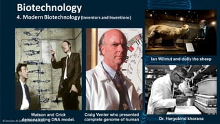 4. Modern Biotechnology(Inventors and Inventions)
Biotechnology
Watson and Crick
demonstrating DNA model.
Craig Venter who presented
complete genome of human
Ian Wilmut and dolly the sheep
Dr. Hargobind khorana
© Zeeshan Ali Solangi (SALU Khairpur)
 