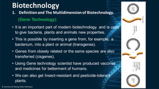 1. Definitionand The Multidimensionof Biotechnology.
(Gene Technology)
• It is an important part of modern biotechnology. and is used
to give bacteria, plants and animals new properties.
• This is possible by inserting a gene from, for example, a
bacterium, into a plant or animal (transgenes).
• Genes from closely related or the same species are also
transferred (cisgenes).
• Using Gene technology scientist have produced vaccines
and medicines for betterment of humans.
• We can also get Insect-resistant and pesticide-tolerant
plants.
Biotechnology
© Zeeshan Ali Solangi (SALU Khairpur)
 