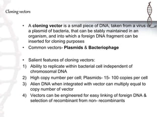 Cloning vectors
• A cloning vector is a small piece of DNA, taken from a virus or
a plasmid of bacteria, that can be stably maintained in an
organism, and into which a foreign DNA fragment can be
inserted for cloning purposes
• Common vectors- Plasmids & Bacteriophage
• Salient features of cloning vectors:
1) Ability to replicate within bacterial cell independent of
chromosomal DNA
2) High copy number per cell; Plasmids- 15- 100 copies per cell
3) Alien DNA when integrated with vector can multiply equal to
copy number of vector
4) Vectors can be engineered for easy linking of foreign DNA &
selection of recombinant from non- recombinants
 