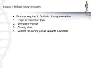 Features to facilitate cloning into vectors
• Features required to facilitate cloning into vectors:
1. Origin of replication (ori)
2. Selectable marker
3. Cloning sites
4. Vectors for cloning genes in plants & animals
 