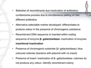 • Selection of recombinants due inactivation of antibiotics-
cumbersome process due to simultaneous plating on two
different antibiotics
• Alternative selectable marker developed- differentiates to
produce colour in the presence of chromogenic substance
• Recombinant DNA sequence is inserted within coding
sequence of enzyme β- galactosidase- inactivation of enzyme-
insertional inactivation
• Presence of chromogenic substrate (β- galactosidase)- blue
coloured colonies (bacteria with plasmid with no insert)
• Presence of insert- inactivation of β- galactosidase- colonies do
not produce any colour- identify recombinant colony
 