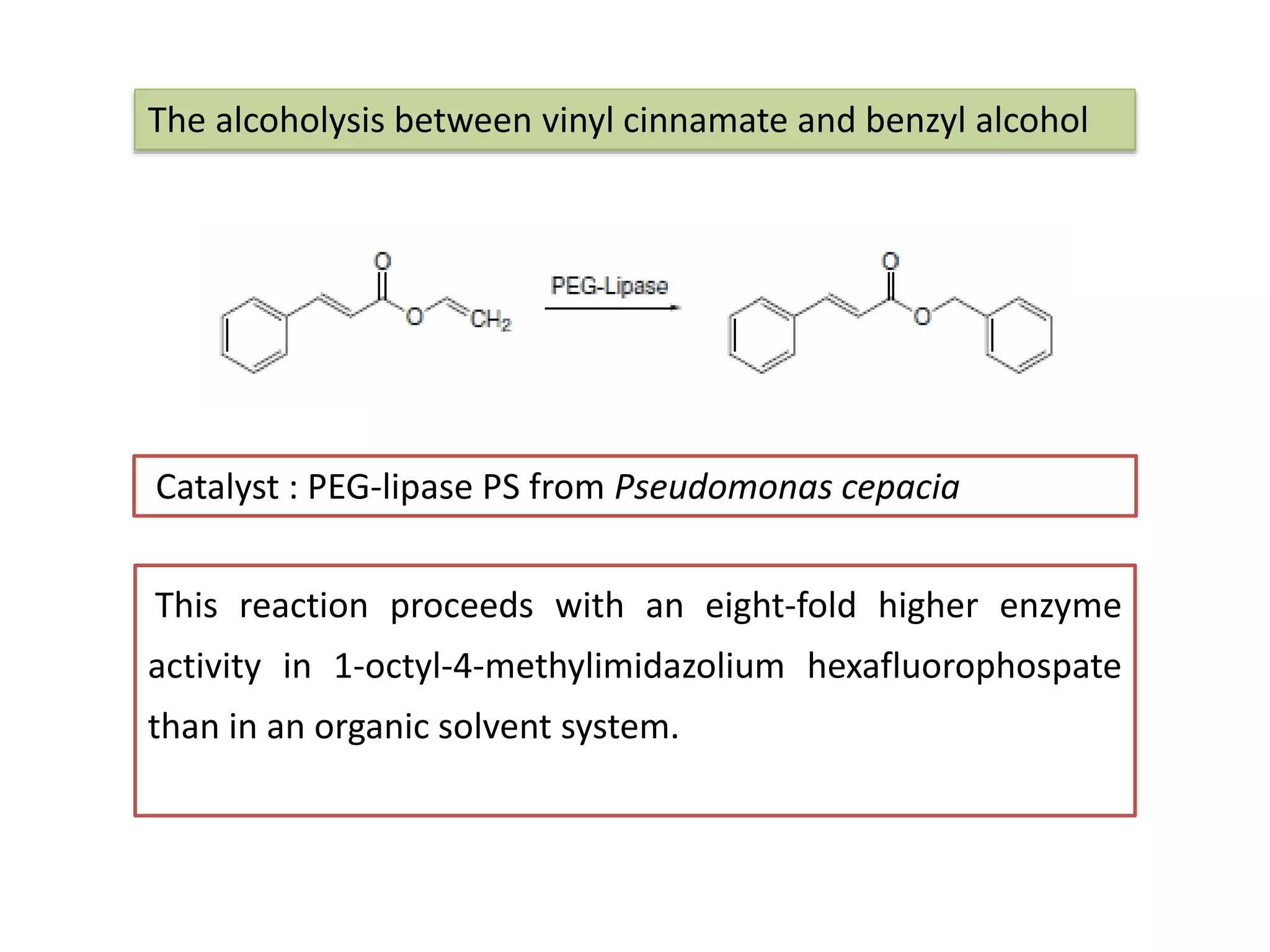 Catalyst : PEG-lipase PS from Pseudomonas cepacia
The alcoholysis between vinyl cinnamate and benzyl alcohol
This reaction proceeds with an eight-fold higher enzyme
activity in 1-octyl-4-methylimidazolium hexafluorophospate
than in an organic solvent system.
 