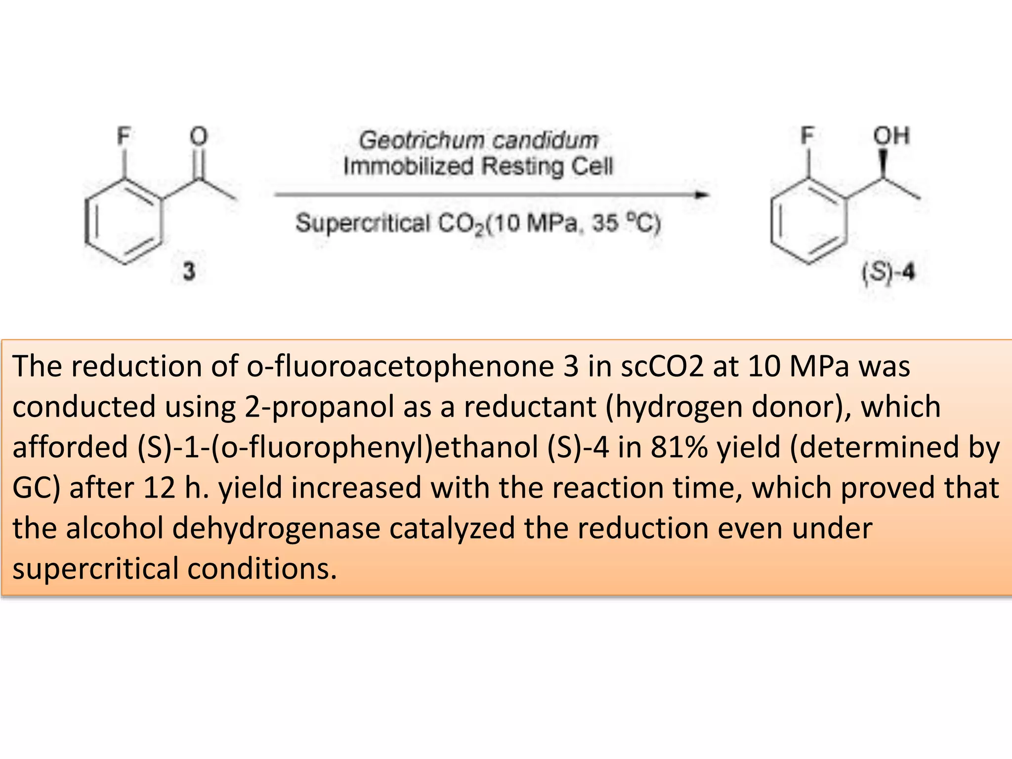 The reduction of o-fluoroacetophenone 3 in scCO2 at 10 MPa was
conducted using 2-propanol as a reductant (hydrogen donor), which
afforded (S)-1-(o-fluorophenyl)ethanol (S)-4 in 81% yield (determined by
GC) after 12 h. yield increased with the reaction time, which proved that
the alcohol dehydrogenase catalyzed the reduction even under
supercritical conditions.
 