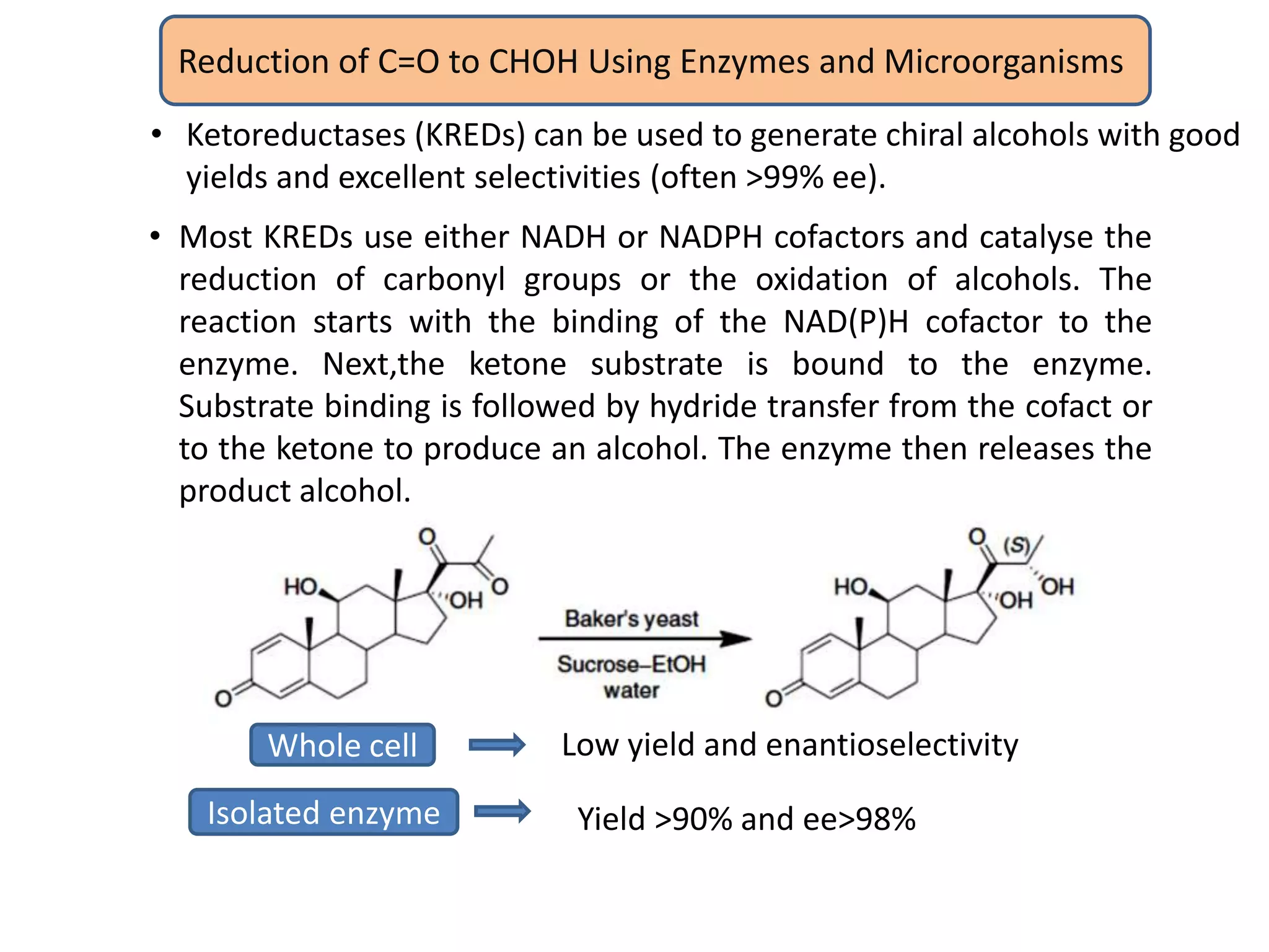 Reduction of C=O to CHOH Using Enzymes and Microorganisms
• Ketoreductases (KREDs) can be used to generate chiral alcohols with good
yields and excellent selectivities (often >99% ee).
• Most KREDs use either NADH or NADPH cofactors and catalyse the
reduction of carbonyl groups or the oxidation of alcohols. The
reaction starts with the binding of the NAD(P)H cofactor to the
enzyme. Next,the ketone substrate is bound to the enzyme.
Substrate binding is followed by hydride transfer from the cofact or
to the ketone to produce an alcohol. The enzyme then releases the
product alcohol.
Whole cell
Isolated enzyme
Low yield and enantioselectivity
Yield >90% and ee>98%
 