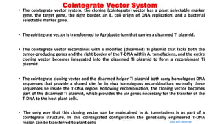 Cointegrate Vector System
• The cointegrate vector system, the cloning (cointegrate) vector has a plant selectable marker
gene, the target gene, the right border, an E. coli origin of DNA replication, and a bacterial
selectable marker gene.
• The cointegrate vector is transformed to Agrobacterium that carries a disarmed Ti plasmid.
• The cointegrate vector recombines with a modified (disarmed) Ti plasmid that lacks both the
tumor-producing genes and the right border of the T-DNA within A. tumefaciens, and the entire
cloning vector becomes integrated into the disarmed Ti plasmid to form a recombinant Ti
plasmid.
• The cointegrate cloning vector and the disarmed helper Ti plasmid both carry homologous DNA
sequences that provide a shared site for in vivo homologous recombination; normally these
sequences lie inside the T-DNA region. Following recombination, the cloning vector becomes
part of the disarmed Ti plasmid, which provides the vir genes necessary for the transfer of the
T-DNA to the host plant cells.
• The only way that this cloning vector can be maintained in A. tumefaciens is as part of a
cointegrate structure. In this cointegrated configuration the genetically engineered T-DNA
region can be transferred to plant cells Glick and Pasternak
 