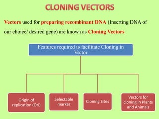 Features required to facilitate Cloning in
Vector
Origin of
replication (Ori)
Selectable
marker
Cloning Sites
Vectors for
cloning in Plants
and Animals
Vectors used for preparing recombinant DNA (Inserting DNA of
our choice/ desired gene) are known as Cloning Vectors
 