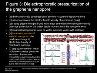3 Dec 2018
Nanopore Sequencing
Figure 3: Dielectrophoretic pressurization of
the graphene nanopore
 (a) dielectrophoretic compression of solvent = source of repulsive force
 (b) nanopore forces the electric field to vicinity of membrane (bias)
 (c) strong electric field polarizes water near and within the nanopore volume
(average projection of the water dipole moment onto the nanopore axis)
 (d) local dielectrophoretic force on water molecule varies with distance
26
 (e) local compression of
water in nanopore: bias
produces change in
electrolyte density at
membrane opening
 (f) aggregate force on water
molecules creates pressure
in center of nanopore
(integrate force over molecules in the
column and divide by column area to
estimate increased pressure in pore
due to dielectrophoretic force)
400 atm
at 1V
High local pressure not uncommon in nanoscale systems (e.g.; lipid bilayer membranes, strongly confined liquids)
 