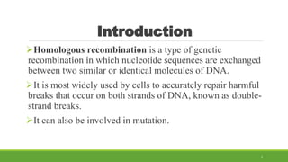 Introduction
Homologous recombination is a type of genetic
recombination in which nucleotide sequences are exchanged
between two similar or identical molecules of DNA.
It is most widely used by cells to accurately repair harmful
breaks that occur on both strands of DNA, known as double-
strand breaks.
It can also be involved in mutation.
2
 