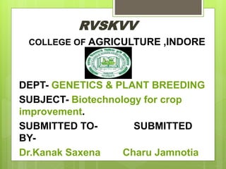 RVSKVV
COLLEGE OF AGRICULTURE ,INDORE
DEPT- GENETICS & PLANT BREEDING
SUBJECT- Biotechnology for crop
improvement.
SUBMITTED TO- SUBMITTED
BY-
Dr.Kanak Saxena Charu Jamnotia
 