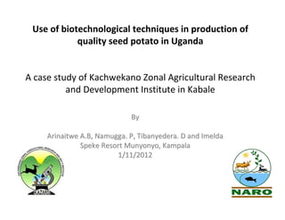 Use of biotechnological techniques in production of
quality seed potato in Uganda

A case study of Kachwekano Zonal Agricultural Research
and Development Institute in Kabale
By
Arinaitwe A.B, Namugga. P, Tibanyedera. D and Imelda
Speke Resort Munyonyo, Kampala
1/11/2012

 