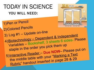 TODAY IN SCIENCE
   YOU WILL NEED:

                  il
1) Pen or Penc
2) Colo   red Pencils
                  p  date on-line
 3) Log #1 – U                          & Independent
       otechnology     – Dependent            sides- Please
 4) Bi                   sh  elf, 3 sheets 6
    Var  iables – Book                         p
                             o u pick them u
    staple   in the order y
                                            – Please put on
                         e r – Due NOW
  5) Interactive Read                 “ Marking a Tex
                                                      t
     the middle t    able with your
                                         page 28 & 29
      Rubric” hand    out inserted in
 