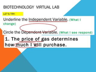 BIOTECHNOLOGY VIRTUAL LAB
LET’S TRY:

Underline the Independent Variable. (What    I
change)

Circle the Dependent Variable. (What   I see respond)

 1. The price of gas determines
 how much I will purchase.
 