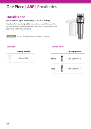 One Piece | ARP | Prosthetics
Transfers ARP
For all implant types diameters (3.2, 3.7, 4.2, 5.0mm)
Tray transfers are designed for impressions using the open-tray
technique when the retentions are sharp, and for the closed-tray
technique when they are round.
Body - Stainless Steel; Screws - TitaniumMaterial
Catalog Number
Bio-OPTRN
Transfer Drivers ARP
Catalog Number
Bio-OPDRV10Short
Bio-OPDRV15Long
108
 