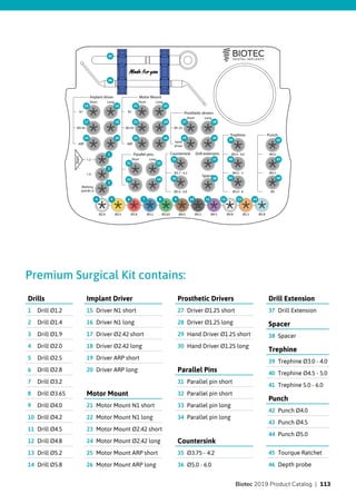Premium Surgical Kit contains:
Drills
Drill Ø1.21
Drill Ø1.42
Drill Ø1.93
Drill Ø2.04
Drill Ø2.55
Drill Ø2.86
Drill Ø3.27
Drill Ø3.658
Drill Ø4.09
Drill Ø4.210
Drill Ø4.511
Drill Ø4.812
Drill Ø5.213
Drill Ø5.814
Drill Extension
Drill Extension37
Spacer
Spacer38
Trephine
Trephine Ø3.0 - 4.039
Trephine Ø4.5 - 5.040
Trephine 5.0 - 6.041
Punch
Punch Ø4.042
Punch Ø4.543
Punch Ø5.044
Tourque Ratchet45
Depth probe46
Prosthetic Drivers
Driver Ø1.25 short27
Driver Ø1.25 long28
Hand Driver Ø1.25 short29
Hand Driver Ø1.25 long30
Parallel Pins
Parallel pin short31
Parallel pin short32
Parallel pin long33
Parallel pin long34
Countersink
Ø3.75 - 4.235
Ø5.0 - 6.036
Implant Driver
Driver N1 short15
Driver N1 long16
Driver Ø2.42 short17
Driver Ø2.42 long18
Driver ARP short19
Driver ARP long20
Motor Mount
Motor Mount N1 short21
Motor Mount N1 long22
Motor Mount Ø2.42 short23
Motor Mount Ø2.42 long24
Motor Mount ARP short25
Motor Mount ARP long26
Short
Implant driver
Long
N1
Ø2.42
ARP
Short
Parallel pins
Long
Ø3.7 - 4.2
Ø5.0 - 6.0
Countersink Drill extension
Spacer
Ø3.0 - 4.0
Ø4.5 - 5
Ø5.0 - 6
Trephine
Ø4.0
Ø4.5
Ø5
Punch
Short
Motor Mount
Long
N1
Ø2.42
ARP
Short
Prosthetic drivers
Long
Ø1.25
hand
driver
Start
1.2
1.4
Marking
drill Ø1.9
Ø2.0 Ø2.5 Ø2.8 Ø3.2 Ø3.65 Ø4.0 Ø4.2 Ø4.5 Ø4.8 Ø5.2 Ø5.8
19
1
22
28
39
40
41
42
43
44
30
24
26
21
27
29
23
25
31
35
36
37
38
33
32 34
2
3
4 5 6 7 8 9 10 11 12 13 14
15
45
46
17
16
18
20
Biotec 2019 Product Catalog | 113
 