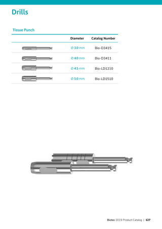 Drills
Catalog NumberDiameter
Bio-D3415Ø 3.0 mm
Bio-D3411Ø 4.0 mm
Bio-LD1210Ø 4.5 mm
Bio-LD1510Ø 5.0 mm
Tissue Punch
Biotec 2019 Product Catalog | 127
 