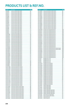 Cat.NO Description Page
Bio-B3585 Conical Connection (B1) Implant 14
Bio-B3510 Conical Connection (B1) Implant 14
Bio-B3511 Conical Connection (B1) Implant 14
Bio-B3513 Conical Connection (B1) Implant 14
Bio-B3516 Conical Connection (B1) Implant 14
Bio-B4085 Conical Connection (B1) Implant 15
Bio-B4010 Conical Connection (B1) Implant 15
Bio-B4011 Conical Connection (B1) Implant 15
Bio-B4013 Conical Connection (B1) Implant 15
Bio-B4016 Conical Connection (B1) Implant 15
Bio-B4585 Conical Connection (B1) Implant 16
Bio-B4510 Conical Connection (B1) Implant 16
Bio-B43511 Conical Connection (B1) Implant 16
Bio-B4513 Conical Connection (B1) Implant 16
Bio-B4516 Conical Connection (B1) Implant 16
Bio-B5085 Conical Connection (B1) Implant 17
Bio-B5010 Conical Connection (B1) Implant 17
Bio-B5011 Conical Connection (B1) Implant 17
Bio-B5013 Conical Connection (B1) Implant 17
Bio-B5016 Conical Connection (B1) Implant 17
Bio-SPR3308 Internal Hex Spiral (SPR) Implant 34
Bio-SPR3310 Internal Hex Spiral (SPR) Implant 34
Bio-SPR3311 Internal Hex Spiral (SPR) Implant 34
Bio-SPR3313 Internal Hex Spiral (SPR) Implant 34
Bio-SPR3316 Internal Hex Spiral (SPR) Implant 34
Bio-SPR3706 Internal Hex Spiral (SPR) Implant 35
Bio-SPR3708 Internal Hex Spiral (SPR) Implant 35
Bio-SPR3710 Internal Hex Spiral (SPR) Implant 35
Bio-SPR3711 Internal Hex Spiral (SPR) Implant 35
Bio-SPR3713 Internal Hex Spiral (SPR) Implant 35
Bio-SPR3716 Internal Hex Spiral (SPR) Implant 35
Bio-SPR4206 Internal Hex Spiral (SPR) Implant 36
Bio-SPR4208 Internal Hex Spiral (SPR) Implant 36
BIO-SPR4210 Internal Hex Spiral (SPR) Implant 36
BIO-SPR4211 Internal Hex Spiral (SPR) Implant 36
BIO-SPR4213 Internal Hex Spiral (SPR) Implant 36
BIO-SPR4216 Internal Hex Spiral (SPR) Implant 36
BIO-SPR5006 Internal Hex Spiral (SPR) Implant 37
BIO-SPR5008 Internal Hex Spiral (SPR) Implant 37
BIO-SPR5010 Internal Hex Spiral (SPR) Implant 37
BIO-SPR5011 Internal Hex Spiral (SPR) Implant 37
BIO-SPR5013 Internal Hex Spiral (SPR) Implant 37
BIO-SPR5016 Internal Hex Spiral (SPR) Implant 37
Bio-SPR6006 Internal Hex Spiral (SPR) Implant 38
Bio-SPR6008 Internal Hex Spiral (SPR) Implant 38
Bio-SPR6010 Internal Hex Spiral (SPR) Implant 38
Bio-SPR6011 Internal Hex Spiral (SPR) Implant 38
Bio-SPR6013 Internal Hex Spiral (SPR) Implant 38
Bio-SPTT4306 Internal Hex Spiral (SPTT) Implant 42
Bio-SPTT4308 Internal Hex Spiral (SPTT) Implant 42
Bio-SPTT4310 Internal Hex Spiral (SPTT) Implant 42
Bio-SPTT4311 Internal Hex Spiral (SPTT) Implant 42
Bio-SPTT4313 Internal Hex Spiral (SPTT) Implant 42
Bio-SPTT4316 Internal Hex Spiral (SPTT) Implant 42
Bio-SPTT5106 Internal Hex Spiral (SPTT) Implant 43
Bio-SPTT5108 Internal Hex Spiral (SPTT) Implant 43
Bio-SPTT5110 Internal Hex Spiral (SPTT) Implant 43
Bio-SPTT5111 Internal Hex Spiral (SPTT) Implant 43
Bio-SPTT5113 Internal Hex Spiral (SPTT) Implant 43
Bio-SPTT5116 Internal Hex Spiral (SPTT) Implant 43
Bio-SPTT6106 Internal Hex Spiral (SPTT) Implant 44
Bio-SPTT6108 Internal Hex Spiral (SPTT) Implant 44
Bio-SPTT6110 Internal Hex Spiral (SPTT) Implant 44
Bio-SPTT6111 Internal Hex Spiral (SPTT) Implant 44
Bio-SPTT6113 Internal Hex Spiral (SPTT) Implant 44
Bio-CIM3308 Internal Hex Cylindrical (CIM) Implant 48
Bio-CIM3310 Internal Hex Cylindrical (CIM) Implant 48
Bio-CIM3311 Internal Hex Cylindrical (CIM) Implant 48
Bio-CIM3313 Internal Hex Cylindrical (CIM) Implant 48
Bio-CIM3316 Internal Hex Cylindrical (CIM) Implant 48
Bio-CIM3708 Internal Hex Cylindrical (CIM) Implant 49
Bio-CIM3710 Internal Hex Cylindrical (CIM) Implant 49
Bio-CIM3711 Internal Hex Cylindrical (CIM) Implant 49
Bio-CIM3713 Internal Hex Cylindrical (CIM) Implant 49
Bio-CIM3716 Internal Hex Cylindrical (CIM) Implant 49
Bio-CIM4206 Internal Hex Cylindrical (CIM) Implant 50
Cat.NO Description Page
Bio-CIM4208 Internal Hex Cylindrical (CIM) Implant 50
Bio-CIM4210 Internal Hex Cylindrical (CIM) Implant 50
Bio-CIM4211 Internal Hex Cylindrical (CIM) Implant 50
Bio-CIM4213 Internal Hex Cylindrical (CIM) Implant 50
Bio-CIM4216 Internal Hex Cylindrical (CIM) Implant 50
Bio-CIM5006 Internal Hex Cylindrical (CIM) Implant 51
Bio-CIM5008 Internal Hex Cylindrical (CIM) Implant 51
Bio-CIM5010 Internal Hex Cylindrical (CIM) Implant 51
Bio-CIM5011 Internal Hex Cylindrical (CIM) Implant 51
Bio-CIM5013 Internal Hex Cylindrical (CIM) Implant 51
Bio-CIM5016 Internal Hex Cylindrical (CIM) Implant 51
Bio-CIM6006 Internal Hex Cylindrical (CIM) Implant 52
Bio-CIM6008 Internal Hex Cylindrical (CIM) Implant 52
Bio-CIM6010 Internal Hex Cylindrical (CIM) Implant 52
Bio-CIM6011 Internal Hex Cylindrical (CIM) Implant 52
Bio-CIM6013 Internal Hex Cylindrical (CIM) Implant 52
Bio-ARP3208 One Piece, with integrated Abutment 102
Bio-ARP3210 One Piece, with integrated Abutment 102
Bio-ARP3211 One Piece, with integrated Abutment 102
Bio-ARP3213 One Piece, with integrated Abutment 102
Bio-ARP3216 One Piece, with integrated Abutment 102
Bio-ARP3708 One Piece, with integrated Abutment 103
Bio-ARP3710 One Piece, with integrated Abutment 103
Bio-ARP3711 One Piece, with integrated Abutment 103
Bio-ARP3713 One Piece, with integrated Abutment 103
Bio-ARP3716 One Piece, with integrated Abutment 103
Bio-ARP3718 One Piece, with integrated Abutment 103
Bio-ARP4206 One Piece, with integrated Abutment 104
Bio-ARP4208 One Piece, with integrated Abutment 104
Bio-ARP4210 One Piece, with integrated Abutment 104
Bio-ARP4211 One Piece, with integrated Abutment 104
Bio-ARP4213 One Piece, with integrated Abutment 104
Bio-ARP4216 One Piece, with integrated Abutment Dental Implant 104
Bio-ARP4218 One Piece, with integrated Abutment Dental Implant 104
Bio-ARP5006 One Piece, with integrated Abutment 105
Bio-ARP5008 One Piece, with integrated Abutment 105
Bio-ARP5010 One Piece, with integrated Abutment 105
Bio-ARP5011 One Piece, with integrated Abutment 105
Bio-ARP5013 One Piece, with integrated Abutment 105
Bio-ARP5016 One Piece, with integrated Abutment 105
Bio-ARP5018 One Piece, with integrated Abutment 105
Bio-N3010 INTERNAL HEX 2.0 N1 90
Bio-N3011 INTRRNAL HEX 2.0 N1 90
Bio-N3013 INTRRNAL HEX 2.0 N1 90
Bio-N3016 INTRRNAL HEX 2.0 N1 90
Bio-ZYG4235 INTERNAL HEX ZYGOMATIC 56
Bio-ZYG4237 INTERNAL HEX ZYGOMATIC 56
Bio-ZYG4240 INTERNAL HEX ZYGOMATIC 56
Bio-ZYG4242 INTERNAL HEX ZYGOMATIC 56
Bio-ZYG4245 INTERNAL HEX ZYGOMATIC 56
Bio-ZYG4247 INTERNAL HEX ZYGOMATIC 56
Bio-ZYG4250 INTERNAL HEX ZYGOMATIC 56
Bio-ZYG4252 INTERNAL HEX ZYGOMATIC 56
Bio-ZYG4255 INTERNAL HEX ZYGOMATIC 56
Bio-ZYG4257 INTERNAL HEX ZYGOMATIC 56
Bio-ZYG4260 INTERNAL HEX ZYGOMATIC 56
Bio-PTG3718 INTERNAL HEX PTERYGOID 60
Bio-PTG3720 INTERNAL HEX PTERYGOID 60
Bio-PTG3722 INTERNAL HEX PTERYGOID 60
Bio-PTG3725 INTERNAL HEX PTERYGOID 60
Bio-PTG4218 INTERNAL HEX PTERYGOID 61
Bio-PTG4220 INTERNAL HEX PTERYGOID 61
Bio-PTG4222 INTERNAL HEX PTERYGOID 61
Bio-PTG4225 INTERNAL HEX PTERYGOID 61
Bio-CSL0942 STRAIGHT,ABUTMENT 22
Bio-CSL1142 STRAIGHT,ABUTMENT 22
Bio-CSL0938 STRAIGHT,ABUTMENT 22
Bio-CSL1138 STRAIGHT,ABUTMENT 22
Bio-AAC4601 STRAIGHT,ANATOMIC,ABUTMENT 22
Bio-AAC4602 STRAIGHT,ANATOMIC,ABUTMENT 22
Bio-AAC4603 STRAIGHT,ANATOMIC,ABUTMENT 22
Bio-AAC4604 STRAIGHT,ANATOMIC,ABUTMENT 22
Bio-PSC2001 PLASTIC WITH HEX AND METAL 23
Bio-PCS2002 PLASTIC NON-HEX, WITH METAL 23
Bio-PLHC101 PLASTIC WITH HEX 23
Bio-PLHC102 PLASTIC NON-HEX 23
PRODUCTS LIST & REF.NO.
136
 