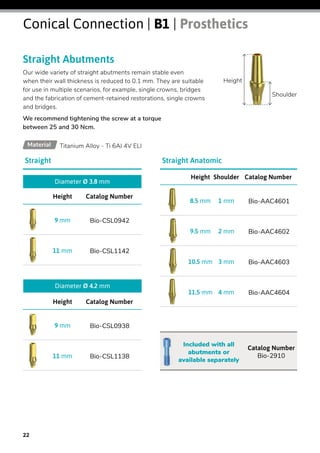 Straight Abutments
Our wide variety of straight abutments remain stable even
when their wall thickness is reduced to 0.1 mm. They are suitable
for use in multiple scenarios, for example, single crowns, bridges
and the fabrication of cement-retained restorations, single crowns
and bridges.
We recommend tightening the screw at a torque
between 25 and 30 Ncm.
Titanium Alloy - Ti 6Al 4V ELIMaterial
Shoulder
Height
Catalog NumberHeight
Bio-CSL09429 mm
Bio-CSL114211 mm
Diameter Ø 3.8 mm
Catalog NumberShoulderHeight
Bio-AAC46011 mm8.5 mm
Bio-AAC46022 mm9.5 mm
Bio-AAC46033 mm10.5 mm
Bio-AAC46044 mm11.5 mm
Catalog NumberHeight
Bio-CSL09389 mm
Bio-CSL113811 mm
Diameter Ø 4.2 mm
Catalog Number
Bio-2910
Included with all
abutments or
available separately
Straight AnatomicStraight
Conical Connection | B1 | Prosthetics
22
 