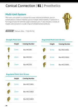 Multi-Unit System
The multi-unit system is a solution for screw-retained prostheses, also on
complicated-to-restore implants such as multiple-titled implants. It comprises a
full range of sizes for both the upper and lower jaws. It also includes a variety of
heights and connects to a wide range of complementary products.
Titanium Alloy - Ti 6Al 4V ELIMaterial
Catalog NumberHeight
Bio-MCC011 mm
Bio-MCC022 mm
Bio-MCC033 mm
Straight Multi Unit
Catalog NumberHeight
Bio-MCC18011 mm
Bio-MCC18022 mm
Bio-MCC18033 mm
Angulated Multi Unit 18 mm
Catalog NumberHeight
Bio-MCC30011 mm
Bio-MCC30022 mm
Bio-MCC30033 mm
Angulated Multi Unit 30 mm
Conical Connection | B1 | Prosthetics
26
 