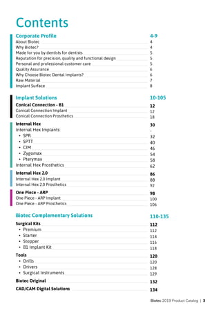 Contents
Corporate Profile
About Biotec
Why Biotec?
Made for you by dentists for dentists
Reputation for precision, quality and functional design
Personal and professional customer care
Quality Assurance
Why Choose Biotec Dental Implants?
Raw Material
Implant Surface
Implant Solutions
Conical Connection - B1
Conical Connection Implant
Conical Connection Prosthetics
Internal Hex
Internal Hex Implants:
• SPR
• SPTT
• CIM
• Zygomax
• Pterymax
Internal Hex Prosthetics
Internal Hex 2.0
Internal Hex 2.0 Implant
Internal Hex 2.0 Prosthetics
One Piece - ARP
One Piece - ARP Implant
One Piece - ARP Prosthetics
Biotec Complementary Solutions
Surgical Kits
• Premium
• Starter
• Stopper
• B1 Implant Kit
Tools
• Drills
• Drivers
• Surgical Instruments
Biotec Original
CAD/CAM Digital Solutions
4-9
4
4
5
5
5
6
6
7
8
10-105
12
12
18
30
-
32
40
46
54
58
62
86
88
92
98
100
106
110-135
112
112
114
116
118
120
120
128
129
132
134
Biotec 2019 Product Catalog | 3
 