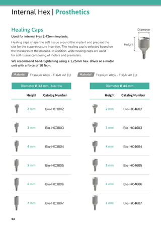 Healing Caps
Used for internal Hex 2.42mm implants.
Healing caps shape the soft tissue around the implant and prepare the
site for the superstructure insertion. The healing cap is selected based on
the thickness of the mucosa. In addition, wide healing caps are used
for soft-tissue contouring of molars and premolars.
We recommend hand-tightening using a 1,25mm hex. driver or a motor
unit with a force of 10 Ncm.
Titanium Alloy - Ti 6Al 4V ELIMaterial Titanium Alloy - Ti 6Al 4V ELIMaterial
Height
Diameter
Catalog NumberHeight
Bio-HC38022 mm
Bio-HC38033 mm
Bio-HC38044 mm
Bio-HC38055 mm
Bio-HC38066 mm
Bio-HC38077 mm
Diameter Ø 3.8 mm  Narrow
Catalog NumberHeight
Bio-HC46022 mm
Bio-HC46033 mm
Bio-HC46044 mm
Bio-HC46055 mm
Bio-HC46066 mm
Bio-HC46077 mm
Diameter Ø 4.6 mm
Internal Hex | Prosthetics
64
 