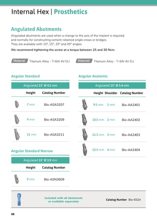 Internal Hex | Prosthetics
Catalog NumberHeight
Bio-ASA32077 mm
Bio-ASA32099 mm
Bio-ASA321111 mm
Angulated 15° Ø 4.5 mm
Angular Standard
Catalog NumberHeight
Bio-ASN36099 mm
Angulated 15° Ø 3.9 mm
Angular Standard Narrow
Angulated 15° Ø 5.4 mm
Catalog NumberShoulderHeight
Bio-AA24011 mm9.5 mm
Bio-AA24022 mm10.5 mm
Bio-AA24033 mm11.5 mm
Bio-AA24044 mm12.5 mm
Angular Anatomic
Angulated Abutments
Angulated abutments are used when a change to the axis of the implant is required,
and normally for constructing cement-retained single crows or bridges.
They are available with 15°, 25°, 35° and 45° angles.
We recommend tightening the screw at a torque between 25 and 30 Ncm.
Titanium Alloy - Ti 6Al 4V ELIMaterial Titanium Alloy - Ti 6Al 4V ELIMaterial
Catalog Number Bio-8324
Included with all abutments
or available separately
68
 