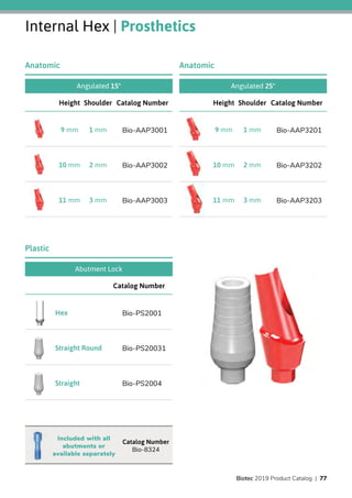 Internal Hex | Prosthetics
Angulated 15°
Catalog NumberShoulderHeight
Bio-AAP30011 mm9 mm
Bio-AAP30022 mm10 mm
Bio-AAP30033 mm11 mm
Anatomic
Abutment Lock
Catalog Number
Bio-PS2001Hex
Bio-PS20031Straight Round
Bio-PS2004Straight
Plastic
Angulated 25°
Catalog NumberShoulderHeight
Bio-AAP32011 mm9 mm
Bio-AAP32022 mm10 mm
Bio-AAP32033 mm11 mm
Anatomic
Catalog Number
Bio-8324
Included with all
abutments or
available separately
Biotec 2019 Product Catalog | 77
 
