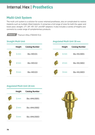 Internal Hex | Prosthetics
Multi-Unit System
The multi-unit system is a solution for screw-retained prostheses, also on complicated-to-restore
implants such as multiple-tilted implants. It comprises a full range of sizes for both the upper and
lower jaws: straight, 17°, 30°, 45°, 52°, and 60° adaptors. It also includes a variety of heights and
connects to a wide range of complementary products.
Titanium Alloy (Ti6AI4V ELI)Material
Catalog NumberHeight
Bio-M01011 mm
Bio-M01022 mm
Bio-M01033 mm
Straight Multi Unit
Catalog NumberHeight
Bio-AMU30011 mm
Bio-AMU30022 mm
Bio-AMU30033 mm
Angulated Multi Unit 18 mm
Catalog NumberHeight
Bio-MU18011 mm
Bio-MU18022 mm
Bio-MU18033 mm
Angulated Multi Unit 30 mm
78
 