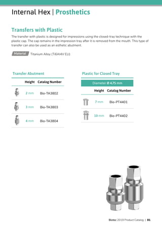 Internal Hex | Prosthetics
Transfers with Plastic
The transfer with plastic is designed for impressions using the closed-tray technique with the
plastic cap. The cap remains in the impression tray after it is removed from the mouth. This type of
transfer can also be used as an esthetic abutment.
Titanium Alloy (Ti6AI4V ELI)Material
Catalog NumberHeight
Bio-PT44017 mm
Bio-PT440210 mm
Diameter Ø 4.75 mm
Plastic for Closed Tray
Catalog NumberHeight
Bio-TA38022 mm
Bio-TA38033 mm
Bio-TA38044 mm
Transfer Abutment
Biotec 2019 Product Catalog | 81
 