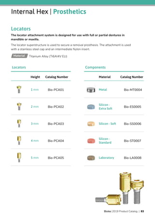 Internal Hex | Prosthetics
Locators
The locator attachment system is designed for use with full or partial dentures in
mandible or maxilla.
The locator superstructure is used to secure a removal prosthesis. The attachment is used
with a stainless steel cap and an intermediate Nylon insert.
Titanium Alloy (Ti6AI4V ELI)Material
Catalog NumberHeight
Bio-PCA011 mm
Bio-PCA022 mm
Bio-PCA033 mm
Bio-PCA044 mm
Bio-PCA055 mm
Locators
Catalog NumberMaterial
Bio-MT0004Metal
Bio-ES0005
Silicon -
Extra Soft
Bio-SS0006Silicon - Soft
Bio-ST0007
Silicon -
Standard
Bio-LA0008Laboratory
Components
Biotec 2019 Product Catalog | 83
 