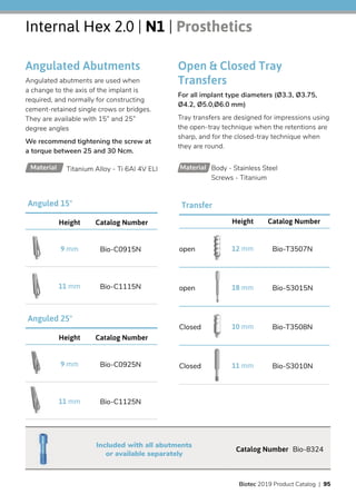 Angulated Abutments
Angulated abutments are used when
a change to the axis of the implant is
required, and normally for constructing
cement-retained single crows or bridges.
They are available with 15” and 25”
degree angles
We recommend tightening the screw at
a torque between 25 and 30 Ncm.
Open & Closed Tray
Transfers
For all implant type diameters (Ø3.3, Ø3.75,
Ø4.2, Ø5.0,Ø6.0 mm)
Tray transfers are designed for impressions using
the open-tray technique when the retentions are
sharp, and for the closed-tray technique when
they are round.
Internal Hex 2.0 | N1 | Prosthetics
Titanium Alloy - Ti 6Al 4V ELIMaterial Body - Stainless Steel
Screws - Titanium
Material
Catalog NumberHeight
Bio-C0915N9 mm
Bio-C1115N11 mm
Anguled 15°
Catalog NumberHeight
Bio-C0925N9 mm
Bio-C1125N11 mm
Anguled 25°
Transfer
Catalog NumberHeight
Bio-T3507N12 mmopen
Bio-53015N18 mmopen
Bio-T3508N10 mmClosed
Bio-S3010N11 mmClosed
Catalog Number Bio-8324
Included with all abutments
or available separately
Biotec 2019 Product Catalog | 95
 