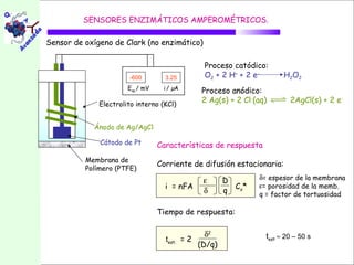SENSORES ENZIMÁTICOS AMPEROMÉTRICOS.

Sensor de oxígeno de Clark (no enzimático)

                                                 Proceso catódico:
                       -600         3.25         O2 + 2 H+ + 2 e-       H2O2
                       Eap./ mV    i./ µA
                                                Proceso anódico:
              Electrolito interno (KCl)
                                                2 Ag(s) + 2 Cl-(aq)       2AgCl(s) + 2 e-


            Ánodo de Ag/AgCl

              Cátodo de Pt        Características de respuesta
          Membrana de
                                  Corriente de difusión estacionaria:
          Polímero (PTFE)
                                                ε      D        δ= espesor de la membrana
                                    i = nFA              C o*   ε= porosidad de la memb.
                                                δ      q        q = factor de tortuosidad

                                  Tiempo de respuesta:

                                                 δ2               test ≈ 20 – 50 s
                                    test.   =2
                                               (D/q)
 