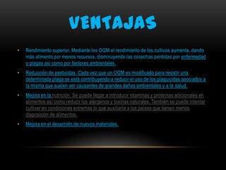 VENTAJAS
•

Rendimiento superior. Mediante los OGM el rendimiento de los cultivos aumenta, dando
más alimento por menos recursos, disminuyendo las cosechas perdidas por enfermedad
o plagas así como por factores ambientales.

•

Reducción de pesticidas. Cada vez que un OGM es modificado para resistir una
determinada plaga se está contribuyendo a reducir el uso de los plaguicidas asociados a
la misma que suelen ser causantes de grandes daños ambientales y a la salud.

•

Mejora en la nutrición. Se puede llegar a introducir vitaminas y proteínas adicionales en
alimentos así como reducir los alérgenos y toxinas naturales. También se puede intentar
cultivar en condiciones extremas lo que auxiliaría a los países que tienen menos
disposición de alimentos.

•

Mejora en el desarrollo de nuevos materiales.

 