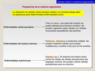 Perspectivas de la medicina regenerativaPerspectivas de la medicina regenerativa
La utilización de células madre (terapia celular) y la nanotecnología abre
un esperanza para determinadas enfermedades como:
Enfermedades cardiovascularesEnfermedades cardiovasculares
Enfermedades del sistema nerviosoEnfermedades del sistema nervioso
Enfermedades autoinmunesEnfermedades autoinmunes
Tras un infartoinfarto, una parte del corazón se
queda dañada para siempre (cicatriz). Se
pueden regenerar estas células con células
musculares esqueléticas del paciente.
Parkinson, AlzheimerParkinson, Alzheimer o esclerosis múltiple. Se
pueden implantar células que puedan
multiplicarse y sustituir a las que se han perdido.
Diabetes tipo IDiabetes tipo I. El sistema inmunitario actúa
contra los islotes de células del páncreas que
segregan insulina. Se pueden cultivar células
pluripotentes para su solución.
Células madre y medicina regenerativaCélulas madre y medicina regenerativa
 