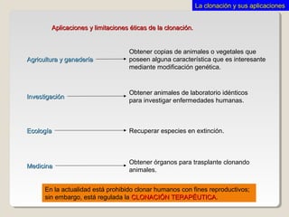 Aplicaciones y limitaciones éticas de la clonación.Aplicaciones y limitaciones éticas de la clonación.
Obtener copias de animales o vegetales que
poseen alguna característica que es interesante
mediante modificación genética.
En la actualidad está prohibido clonar humanos con fines reproductivos;
sin embargo, está regulada la CLONACIÓN TERAPÉUTICACLONACIÓN TERAPÉUTICA.
Obtener órganos para trasplante clonando
animales.
Recuperar especies en extinción.
Obtener animales de laboratorio idénticos
para investigar enfermedades humanas.
Agricultura y ganaderíaAgricultura y ganadería
InvestigaciónInvestigación
EcologíaEcología
MedicinaMedicina
La clonación y sus aplicacionesLa clonación y sus aplicaciones
 
