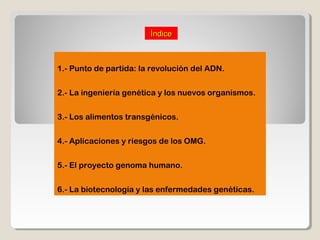 1.- Punto de partida: la revolución del ADN.
2.- La ingeniería genética y los nuevos organismos.
3.- Los alimentos transgénicos.
4.- Aplicaciones y riesgos de los OMG.
5.- El proyecto genoma humano.
6.- La biotecnología y las enfermedades genéticas.
ÍndiceÍndice
 