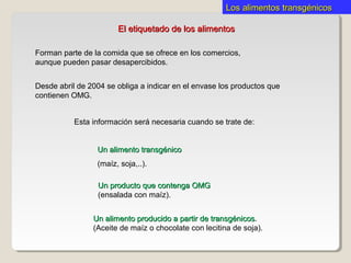 Los alimentos transgénicosLos alimentos transgénicos
Forman parte de la comida que se ofrece en los comercios,
aunque pueden pasar desapercibidos.
El etiquetado de los alimentosEl etiquetado de los alimentos
Desde abril de 2004 se obliga a indicar en el envase los productos que
contienen OMG.
Esta información será necesaria cuando se trate de:
Un alimento transgénicoUn alimento transgénico
(maíz, soja,..).
Un producto que contenga OMGUn producto que contenga OMG
(ensalada con maíz).
Un alimento producido a partir de transgénicosUn alimento producido a partir de transgénicos.
(Aceite de maíz o chocolate con lecitina de soja).
 
