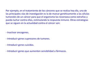 Por ejemplo, en el tratamiento de los cánceres que se realiza hoy día, una de
las principales vías de investigación es la de marcar genéticamente a las células
tumorales de un cáncer para que el organismo las reconozca como extrañas y
pueda luchar contra ellas, estimulando la respuesta inmune. Otras estrategias
que se siguen en la actualidad contra el cáncer son:
- Inactivar oncogenes.
- Introducir genes supresores de tumores.
- Introducir genes suicidas.
- Introducir genes que aumenten sensibilidad a fármacos.
 
