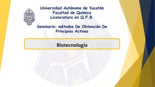 Universidad Autónoma de Yucatán
Facultad de Química
Licenciatura en Q.F.B.
Seminario: métodos De Obtención De
Principios Activos
Biotecnología
 