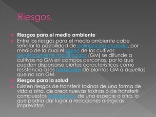    Riesgos para el medio ambiente
   Entre los riesgos para el medio ambiente cabe
    señalar la posibilidad de polinización cruzada, por
    medio de la cual el polen de los cultivos
    genéticamente modificados (GM) se difunde a
    cultivos no GM en campos cercanos, por lo que
    pueden dispersarse ciertas características como
    resistencia a los herbicidas de plantas GM a aquellas
    que no son GM.
   Riesgos para la salud
   Existen riesgos de transferir toxinas de una forma de
    vida a otra, de crear nuevas toxinas o de transferir
    compuestos alergénicos de una especie a otra, lo
    que podría dar lugar a reacciones alérgicas
    imprevistas.
 