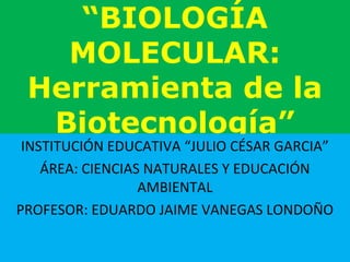 “BIOLOGÍA
MOLECULAR:
Herramienta de la
Biotecnología”
INSTITUCIÓN EDUCATIVA “JULIO CÉSAR GARCIA”
ÁREA: CIENCIAS NATURALES Y EDUCACIÓN
AMBIENTAL
PROFESOR: EDUARDO JAIME VANEGAS LONDOÑO
 