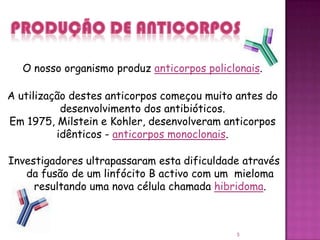 Produção de AnticorposO nosso organismo produz anticorpos policlonais.A utilização destes anticorpos começou muito antes do desenvolvimento dos antibióticos.Em 1975, Milstein e Kohler, desenvolveram anticorpos idênticos - anticorpos monoclonais.Investigadores ultrapassaram esta dificuldade através da fusão de um linfócito B activo com um  mieloma resultando uma nova célula chamada hibridoma.5