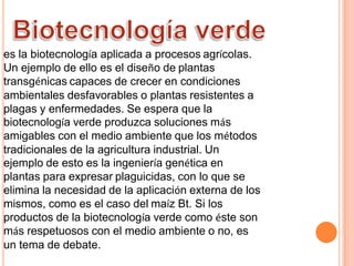 es la biotecnología aplicada a procesos agrícolas.
Un ejemplo de ello es el diseño de plantas
transgénicas capaces de crecer en condiciones
ambientales desfavorables o plantas resistentes a
plagas y enfermedades. Se espera que la
biotecnología verde produzca soluciones más
amigables con el medio ambiente que los métodos
tradicionales de la agricultura industrial. Un
ejemplo de esto es la ingeniería genética en
plantas para expresar plaguicidas, con lo que se
elimina la necesidad de la aplicación externa de los
mismos, como es el caso del maíz Bt. Si los
productos de la biotecnología verde como éste son
más respetuosos con el medio ambiente o no, es
un tema de debate.
 
