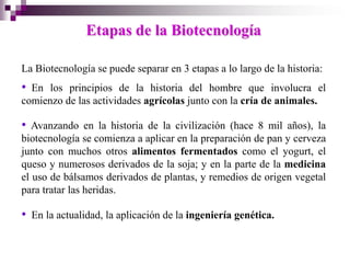 Etapas de la Biotecnología

La Biotecnología se puede separar en 3 etapas a lo largo de la historia:
• En los principios de la historia del hombre que involucra el
comienzo de las actividades agrícolas junto con la cría de animales.

•  Avanzando en la historia de la civilización (hace 8 mil años), la
biotecnología se comienza a aplicar en la preparación de pan y cerveza
junto con muchos otros alimentos fermentados como el yogurt, el
queso y numerosos derivados de la soja; y en la parte de la medicina
el uso de bálsamos derivados de plantas, y remedios de origen vegetal
para tratar las heridas.

•   En la actualidad, la aplicación de la ingeniería genética.
 